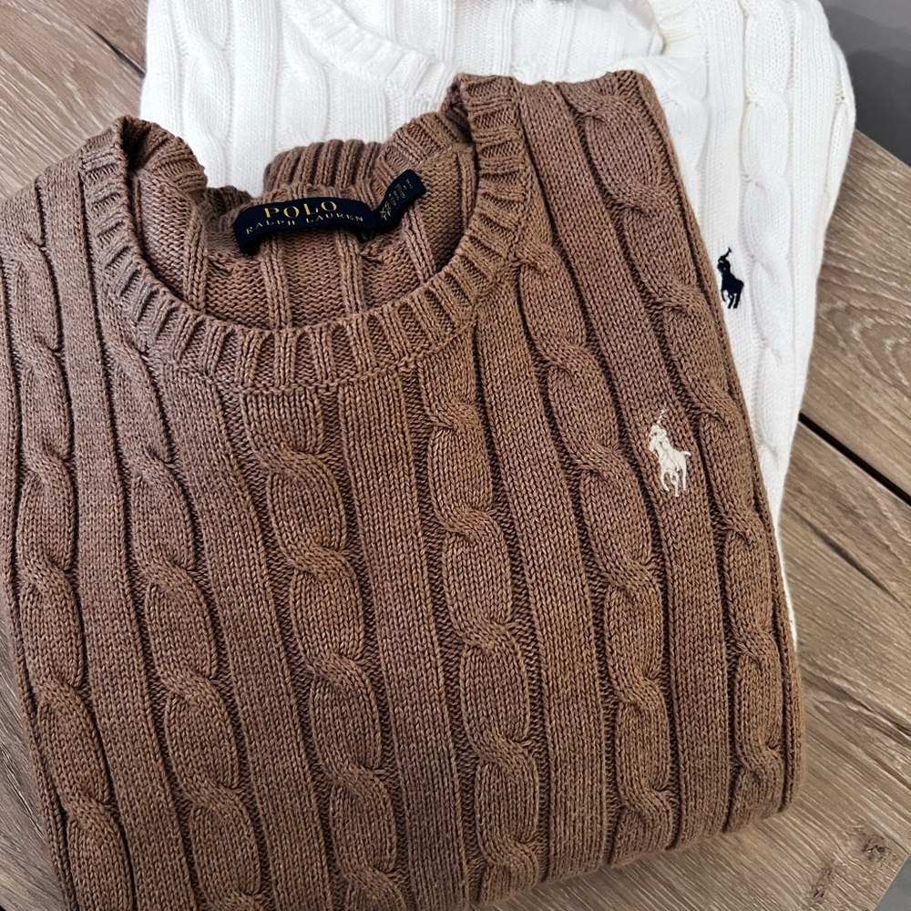 Polo by Ralph Lauren Brown & White Crewneck Cable Knit Sweaters 2